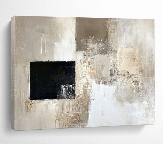 “Subtle Neutrals with a Bold Black Square” - Beige, gray, white, black; Abstract neutral blocks with a black square; Oil Painting On Canvas HB1227