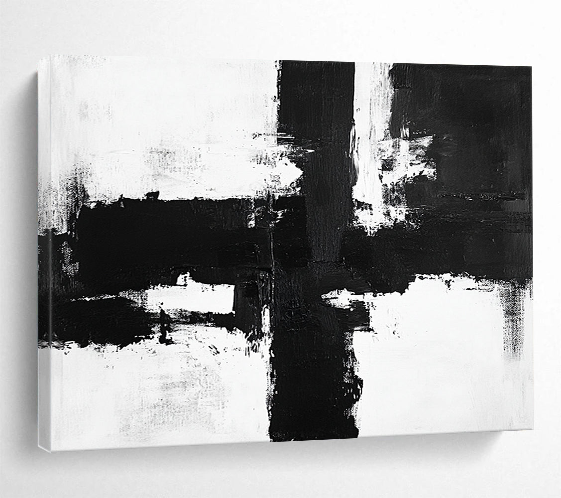 “Bold Black - White Cross Strokes” - Black, White, Dynamic Crosses Painting On Canvas HB0799