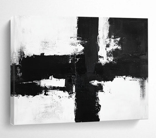 “Bold Black - White Cross Strokes” - Black, White, Dynamic Crosses Painting On Canvas HB0799