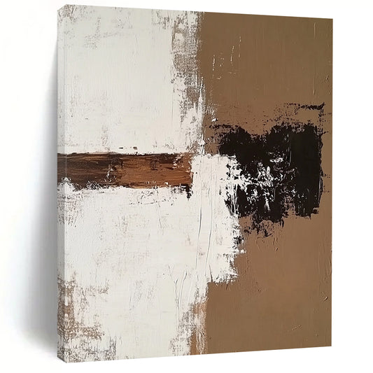 Contemporary hand-painted abstract art featuring a dark beige and light gray minimalistic style with a vintage aesthetic on a brown wall. DLZ1161