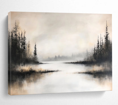 “Foggy Forest Lake” - Black, White, Gray, Silhouetted Trees and Misty Water Painting On Canvas HB0918