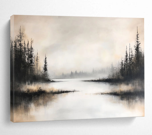 “Foggy Forest Lake” - Black, White, Gray, Silhouetted Trees and Misty Water Painting On Canvas HB0918