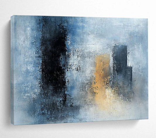 “Blue - Gray Abstract Urban Silhouettes” - Blue, Gray, Gold, City Shapes Painting On Canvas HB0840