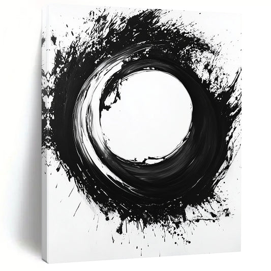 Black Circular Brushstroke on White - “Zen Enso Abstraction” Painting On Canvas HB215