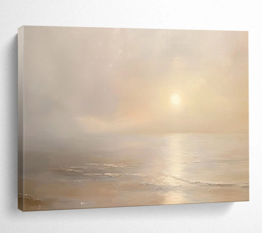 “Misty Sea at Dawn” - Pale Beiges, Whites, Subtle Yellows, Foggy Ocean at Sunrise - Oil Painting HB1607