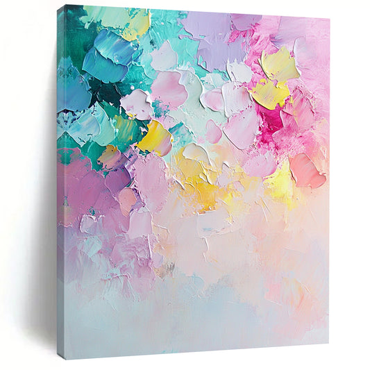 Contemporary hand-painted abstract art featuring pastel flowers in light pink and mint green with dynamic brush strokes and a textured palette knife finish. DLZ0761