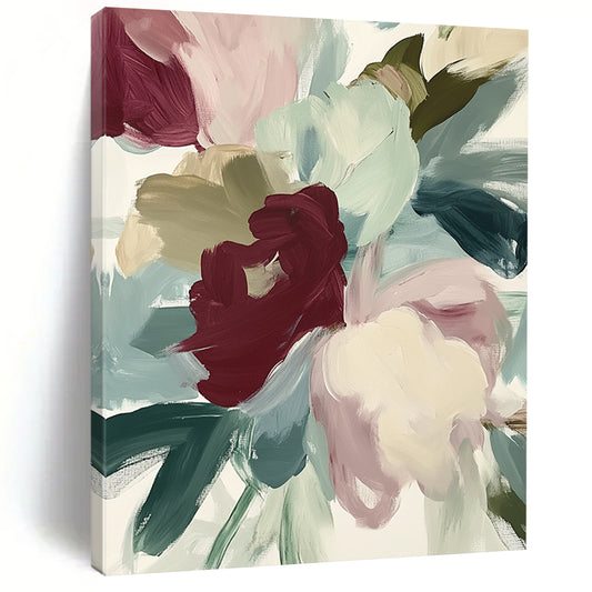 Contemporary abstract painting featuring loose brush strokes and muted colors depicting close-up flowers in reds and greens on a white background. DLZ0382