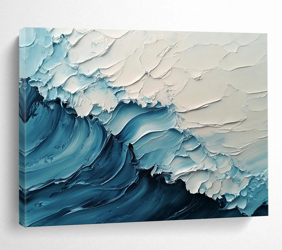 “Soft Blue and White Rippling Waves” - Light Blue, White, Textured Wave Abstract Painting On Canvas HB0977