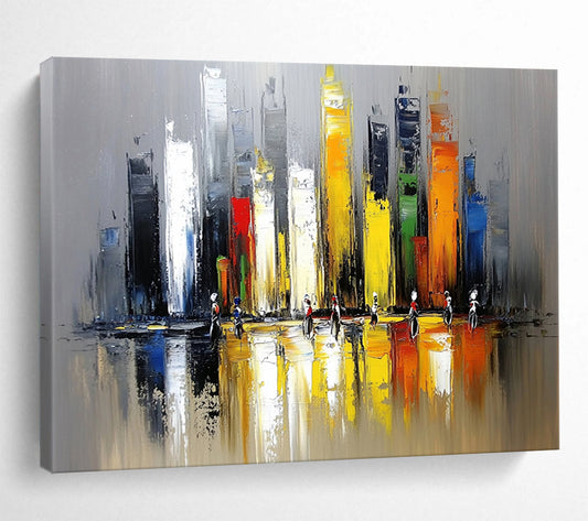 “Vibrant Cityscape with Figures” - Gray, Yellow, Red, Blue, Colorful Urban Scene - Impasto Acrylic Painting HB1669