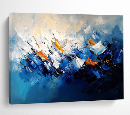 “Blue - Orange Abstract Wave Motion” - Blue, Orange, White, Dynamic Wave Shapes Painting On Canvas HB0830