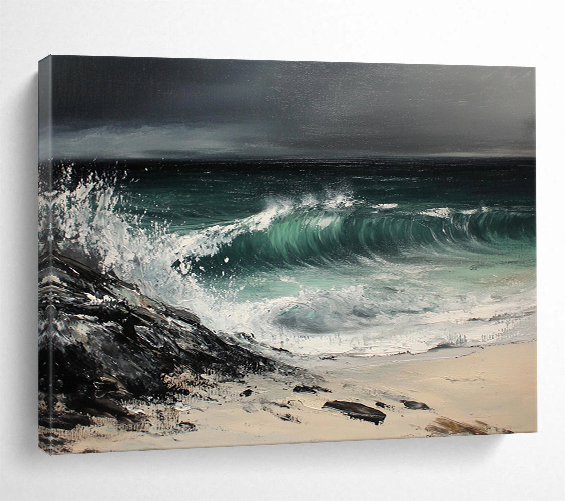 Black, Green, White and Beige Stormy Seaside "Tempest Tide" Painting On Canvas HB0669
