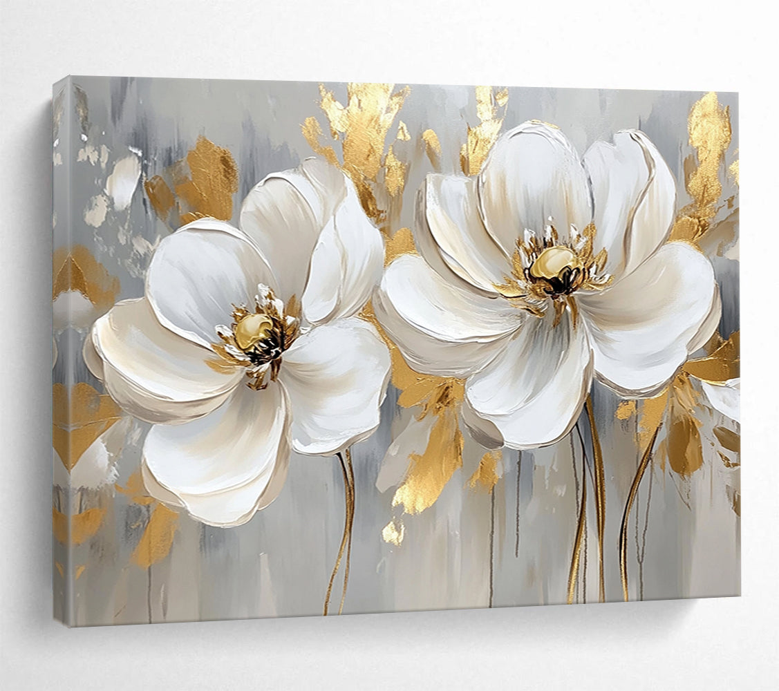 “Gold - Accented White Flowers on Gray” - White, Gold, Gray, White flowers with gold details on gray - Impasto Oil Painting HB1786