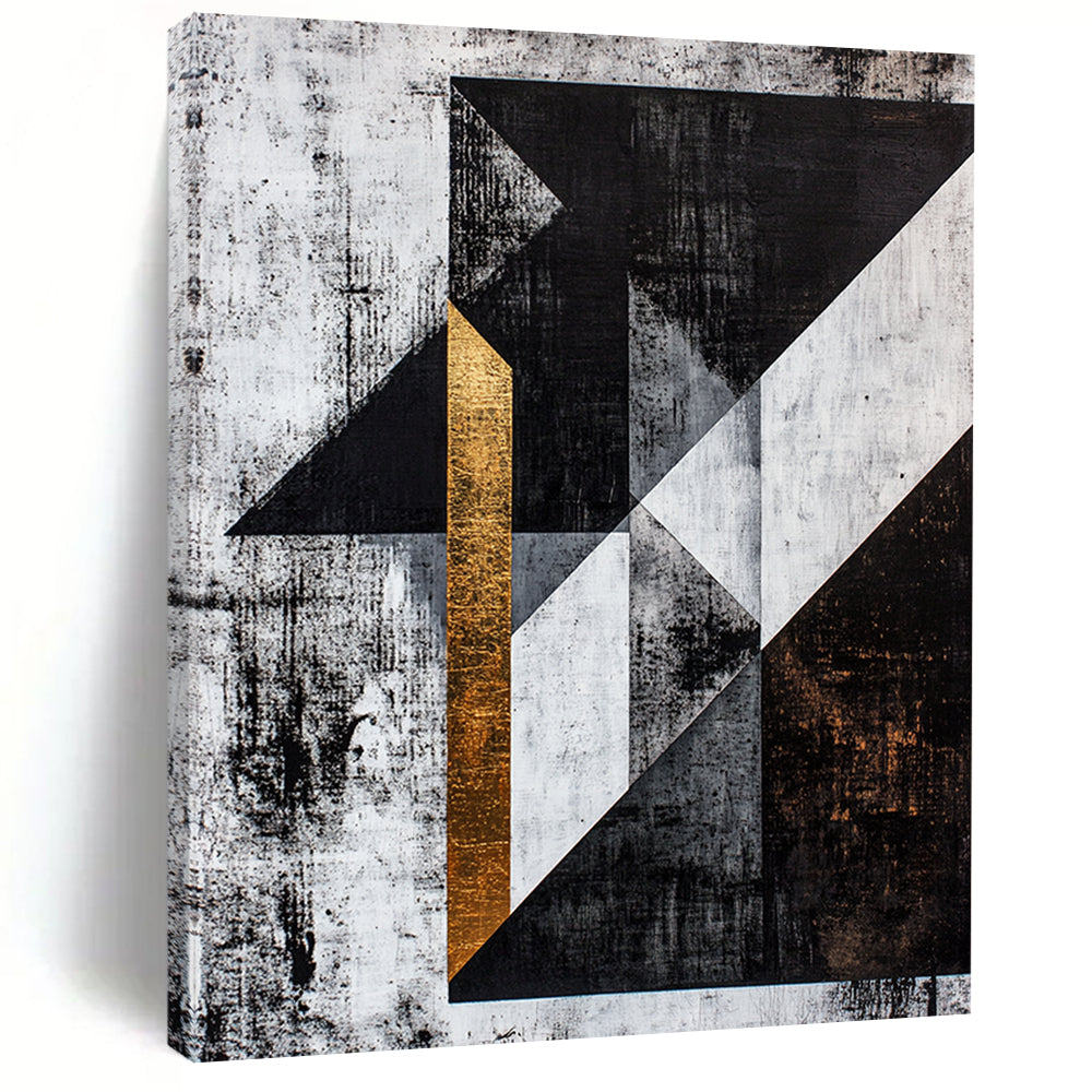 Black, White, Gray, Gold, Textured Triangles "Gilded Edges" Abstract Cubist - Inspired Painting On Canvas HB109