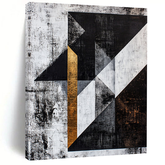 Black, White, Gray, Gold, Textured Triangles "Gilded Edges" Abstract Cubist - Inspired Painting On Canvas HB109