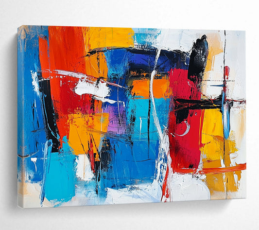“Vibrant Abstract Expressionist” - Red, blue, yellow, orange, white; Bold abstract expressionist brushstrokes; Acrylic Painting On Canvas HB1239