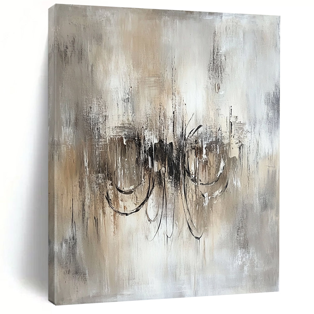 Contemporary hand-painted abstract art featuring an ethereal chandelier in soothing beige and grey tones on textured white canvas. DLZ0456