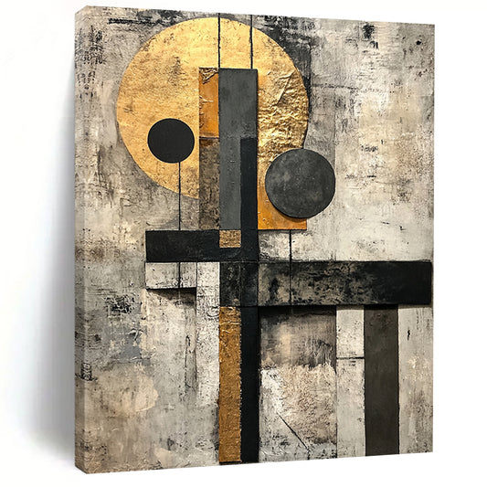 Gold, Black, Gray, White with Layered Shapes "Textured Harmony" Abstract Painting On Canvas HB002