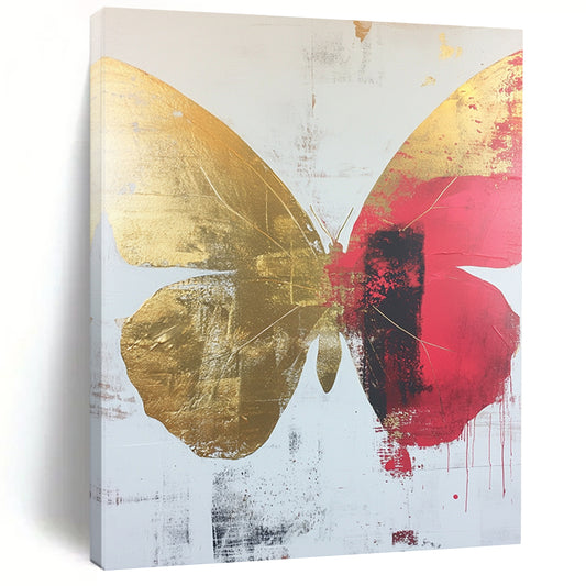 Contemporary abstract art featuring a striking butterfly design on a white background adorned with gold and red accents. Ideal for modern spaces. DLZ0369