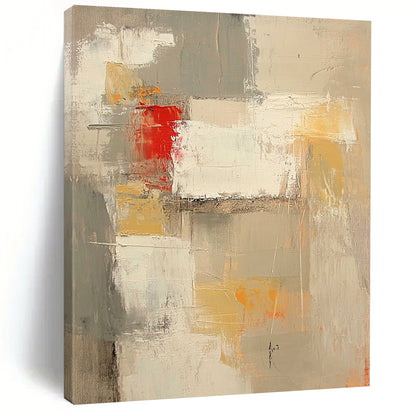 Contemporary abstract painting features neutral tones with red and yellow accents large brush strokes and textures in expansive white spaces. DLZ0921