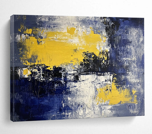 “Blue, Yellow, and White Abstract Landscape” - Blue, yellow, white, black; Abstract landscape with color blocks; Acrylic Painting On Canvas HB1222