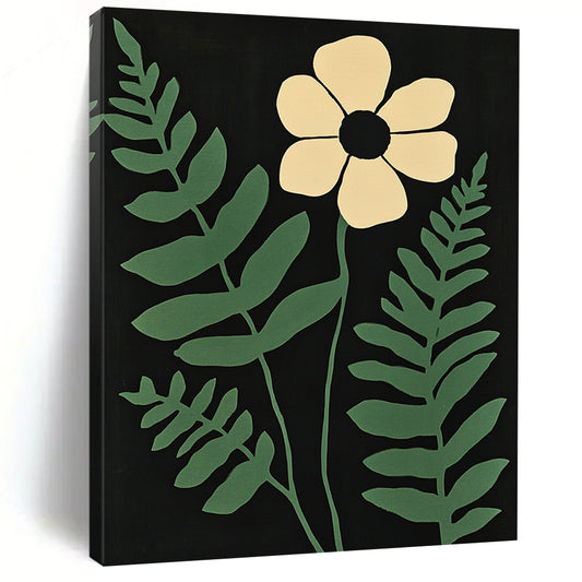 Contemporary abstract art featuring a white flower and green fern leaves on a striking black background with muted colors inspired by Matisse. DLZ1636