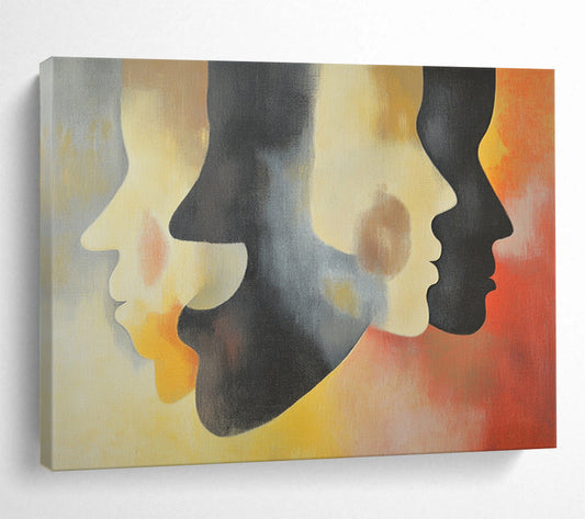 “Colorful Layered Faces” - Gray, Yellow, Red, Abstract Profiles - Surrealist Acrylic Painting HB1490