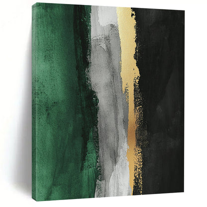 Contemporary abstract artwork featuring thick brush strokes gold leafing and a color palette of gray white black and green with a striking vertical yellow line. DLZ1630