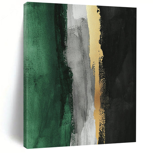 Contemporary abstract artwork featuring thick brush strokes gold leafing and a color palette of gray white black and green with a striking vertical yellow line. DLZ1630