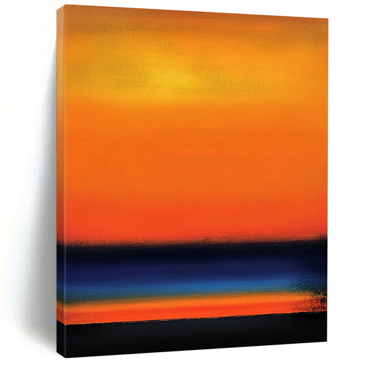 Contemporary abstract painting with rich orange and blue gradient creating a dusk horizon, featuring grainy texture for a vintage ambiance. DLZ0537