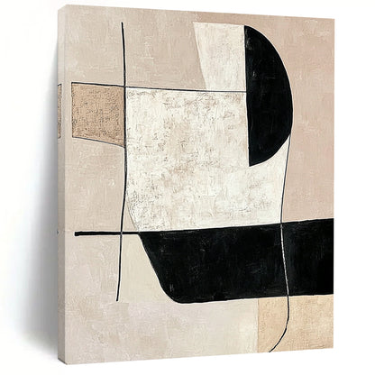 Contemporary abstract artwork featuring minimalist black and white shapes on a neutral beige background, emphasizing simple lines and modern elegance. DLZ1603