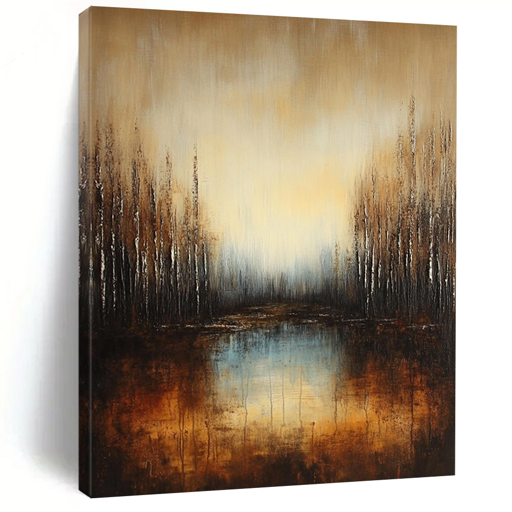 Large contemporary abstract painting featuring a deep brown and grey gradient with earthy orange hues and reflective water surrounded by soft blue trees. DLZ1294