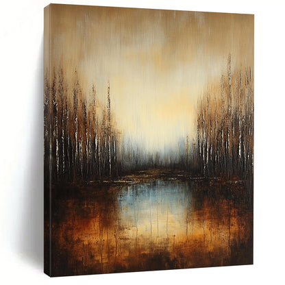 Large contemporary abstract painting featuring a deep brown and grey gradient with earthy orange hues and reflective water surrounded by soft blue trees. DLZ1294