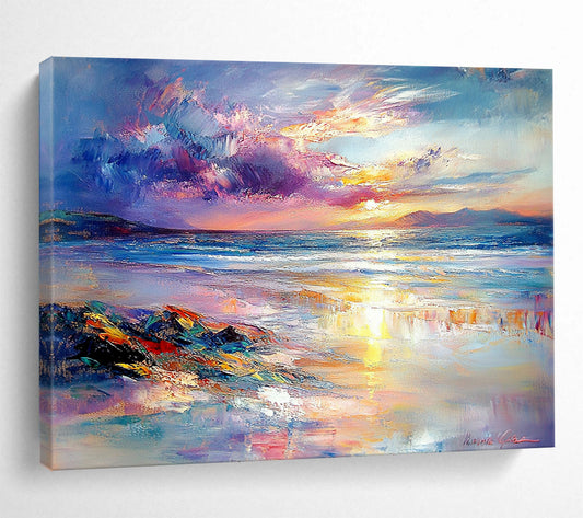 “Colorful Coastal Sunset” - Purple, Pink, Orange, Blue, Beach and Sky - Impasto Oil Painting HB1702