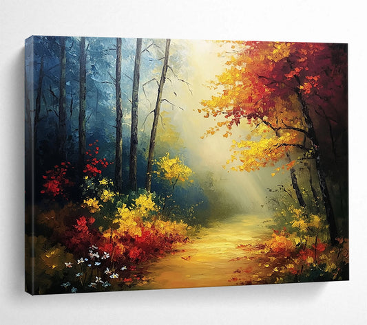 “Sunlit Forest Path” - Yellows, Reds, Greens, Forest Path with Sunbeams - Impasto Oil Painting HB1711