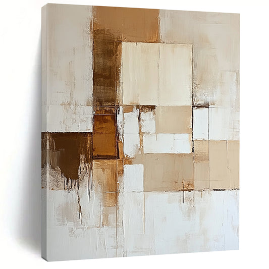 Contemporary hand-painted abstract artwork features neutral tones of beige and white with dynamic color blocks and a striking brown accent. DLZ0527