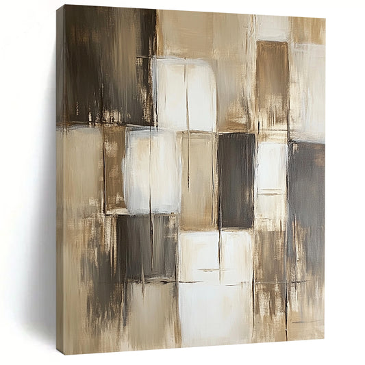 Contemporary hand-painted abstract art featuring neutral shades of beige gray and brown with varying paint block sizes and textures. DLZ0611