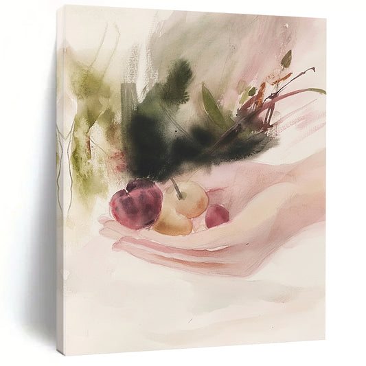 Contemporary abstract watercolor artwork depicting hands holding fruits with romantic wilderness elements in soft pink and dark emerald hues. DLZ0814