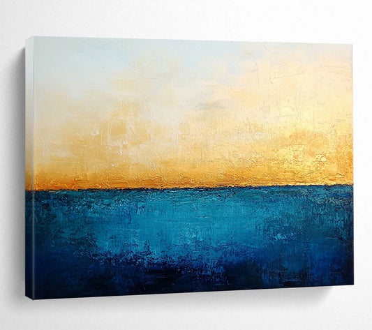 “Golden Horizon” - Blue, Gold, White, Minimalist Abstract Seascape Painting On Canvas HB1067