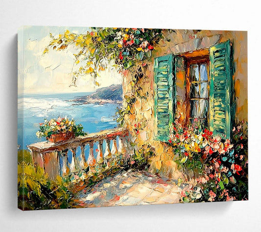 “Mediterranean Balcony” - Blue, Green, Colorful Flowers, Coastal Balcony - Impasto Oil Painting HB1681