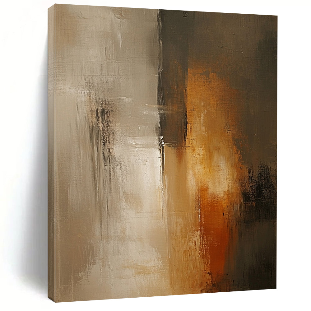 Contemporary abstract painting with soft beige and grey tones features tall vertical elements, blurred edges, and a textured surface against a dark gray wall. DLZ0560
