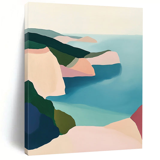 Contemporary abstract artwork featuring a serene coastal landscape with pastel cliffs and a calm sea in soothing green blue and pink tones. DLZ1457