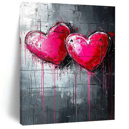 Bold contemporary abstract art featuring three pink and red hearts on a textured dark grey backdrop with dripping paint lines inspired by graffiti style. DLZ0263