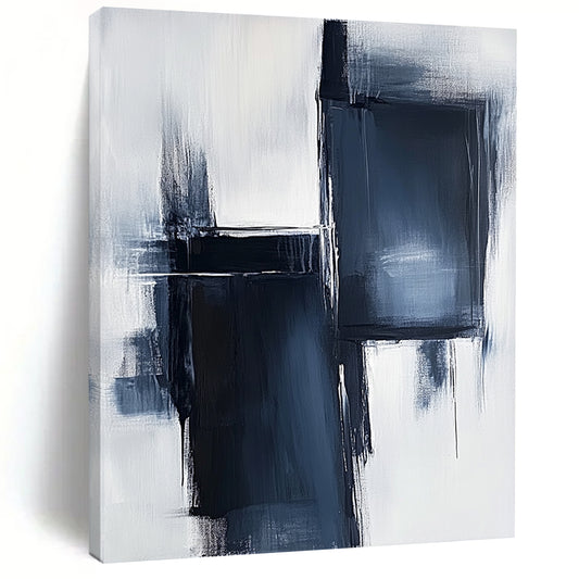 Large contemporary hand-painted abstract artwork featuring light navy and white tones with dark gray brush strokes and minimalist high contrast design. DLZ1649