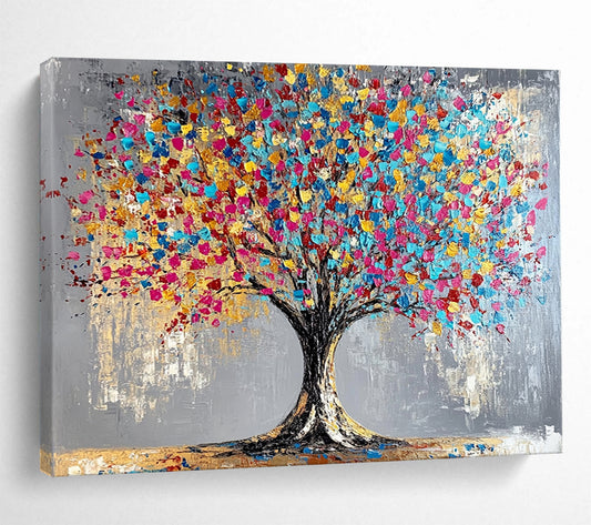 “Rainbow Leaf Tree” - Gray background, vibrant leaves, textured trunk, Abstract Tree Painting On Canvas HB0591