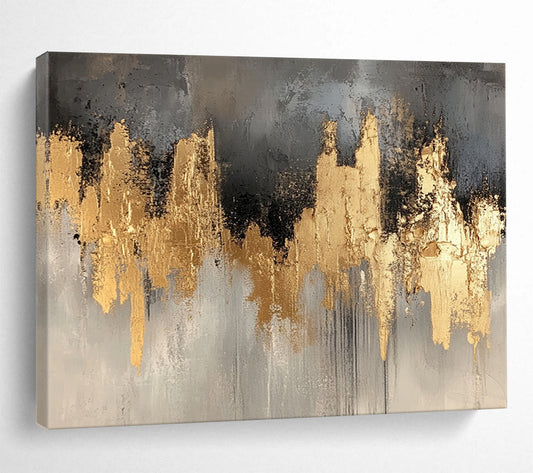 “Gold and Gray Abstract Skyline” - Gray, gold; Abstract skyline with gold accents; Acrylic Painting On Canvas HB1244