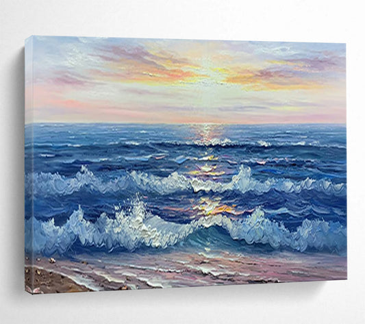 Sunset Sea Wave Oil Painting - Coastal Living Room or Bedroom Art DLZ218