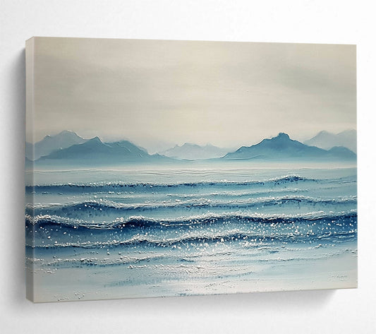 “Sparkling Sea and Distant Peaks” - Shades of Blue, White, Silver, Glittering Ocean and Mountains - Textured Oil Painting HB1612
