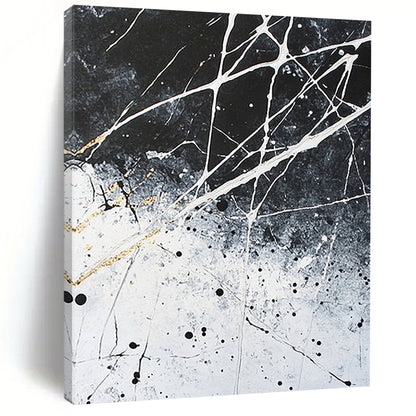 Black, White, Gray, Gold, Splattered Web "Golden Entanglement" Abstract Expressionist Painting On Canvas HB063