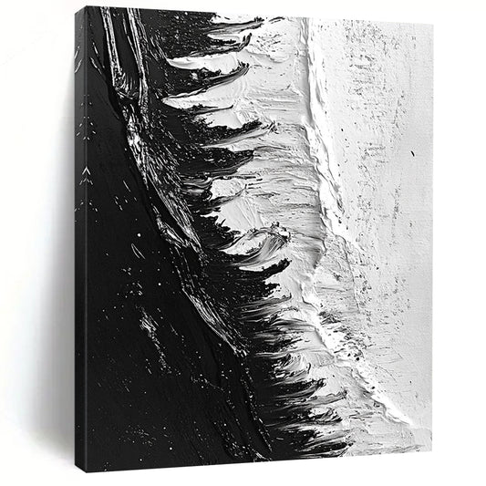 Contemporary abstract painting featuring dynamic black and white ice shelf with heavy brush strokes and a photorealistic oil finish. DLZ0307