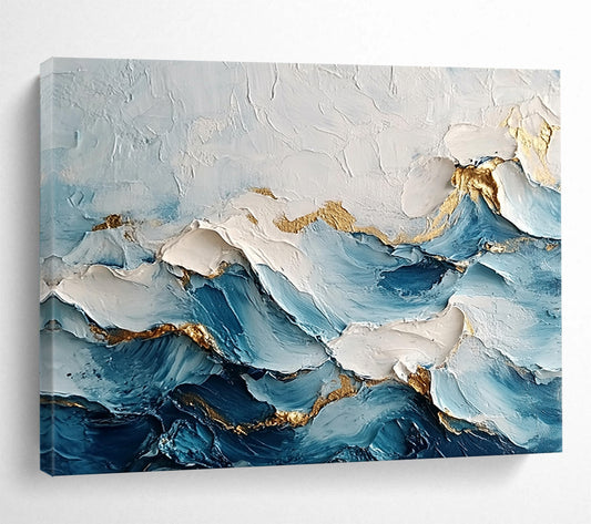 “Golden - Edged Blue Waves” - Blue, White, Gold, Textured Wave - like Abstract Painting On Canvas HB0976